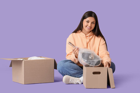 Young woman unpacking frying pan from box on lilac background
