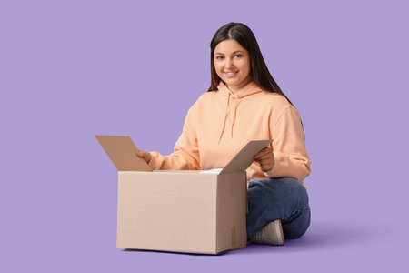 Young woman unpacking box of clothes on lilac background