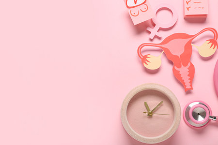 Clock with paper uterus and symbol of woman on pink background. Gynecology conceptの写真素材