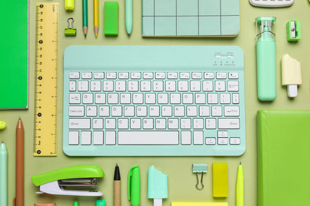 Computer keyboard and different school supplies on green background, closeup