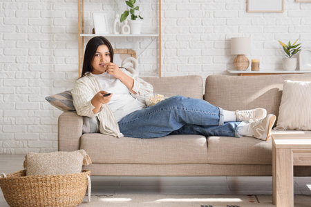 Young woman with remote controller and popcorn watching TV at homeの写真素材