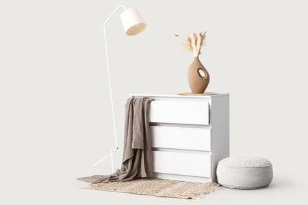 Floor lamp, pouf, rug and chest of drawers on white background