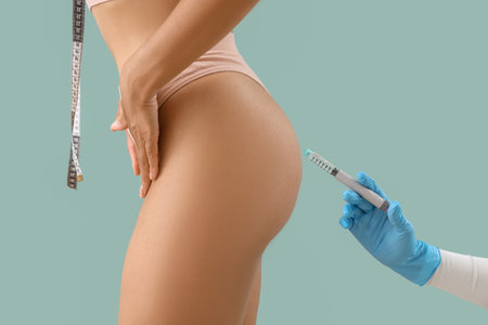 Doctor's hand injecting woman on green background, closeup. Weight loss conceptの写真素材