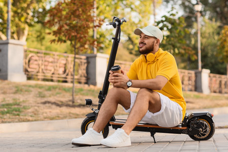 Young man with cup of coffee sitting on electric scooter at city street