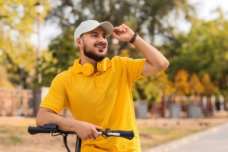 Handsome young man on electric scooter at city street