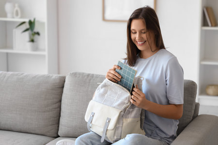 Female student taking notebook from backpack on sofa at home