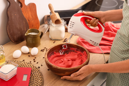 Woman whipping red egg whites with mixer in kitchenの写真素材