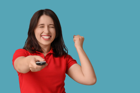 Happy young woman with remote controller watching TV on blue background