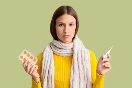 Young woman with throat lozenges and thermometer on green background