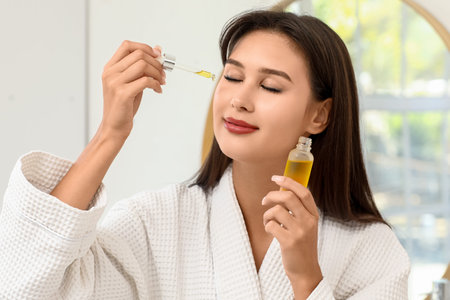 Young woman applying serum with vitamin E in bathroom, closeup