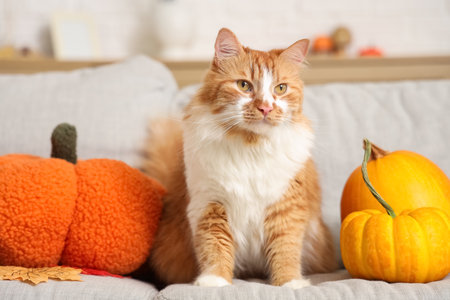 Cute cat with pumpkins on sofa at homeの写真素材