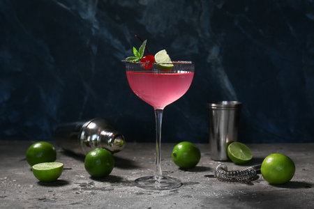 Glass of tasty cocktail garnished with cherry and lime on gray against blue backgroundの写真素材