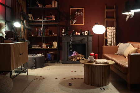 Interior of living room decorated for Halloween with sofa, fireplace and glowing lamps at nightの写真素材