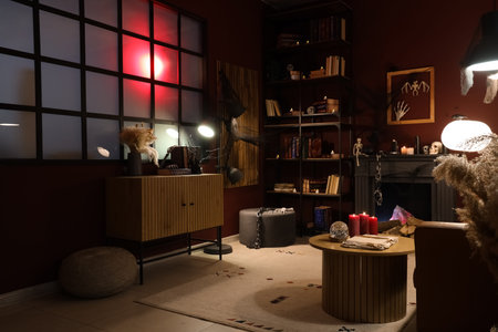 Interior of dark living room decorated for Halloween with bookshelf, fireplace and burning candlesの写真素材