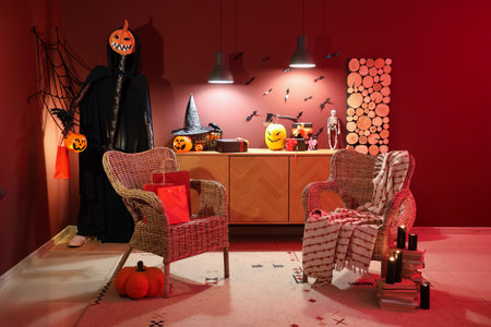 Interior of living room decorated for Halloween with scarecrow, armchairs and glowing lampsの写真素材
