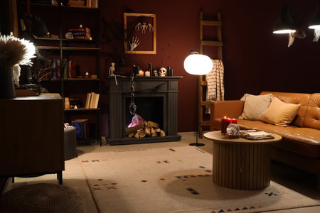 Interior of dark living room decorated for Halloween with sofa, fireplace and glowing lampsの写真素材
