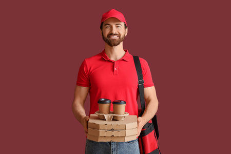 Male courier with pizza boxes and coffee cups on brown backgroundの写真素材