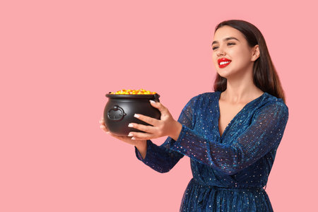 Beautiful young happy woman dressed as witch for Halloween with pot of candy corns on pink backgroundの写真素材
