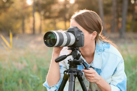 Beautiful photographer with camera in park