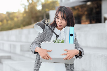Fired Asian businesswoman holding box with personal stuff outdoorsの写真素材