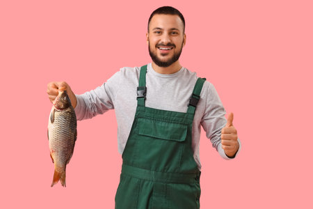 Handsome young man with caught fish showing thumb-up on pink backgroundの写真素材