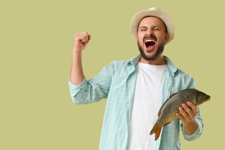 Happy young man with caught fish on green backgroundの写真素材
