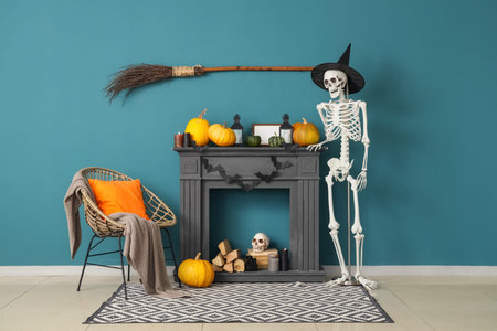 Interior of living room decorated for Halloween with fireplace, armchair and human skeleton