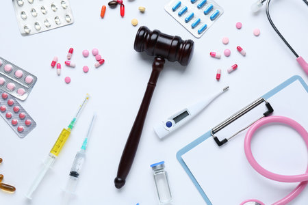Judge gavel, medicine and stethoscope on white background. Concept of health care reformの写真素材