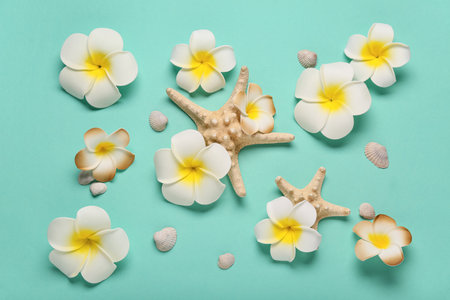 Beautiful plumeria flowers with starfishes and seashells on turquoise backgroundの写真素材