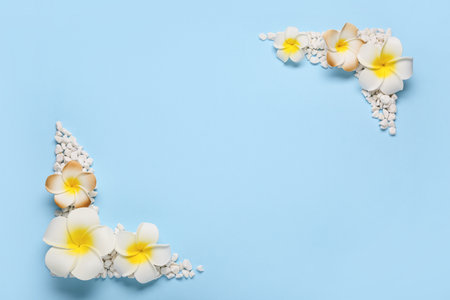 Frame made of beautiful plumeria flowers and stones on blue backgroundの写真素材