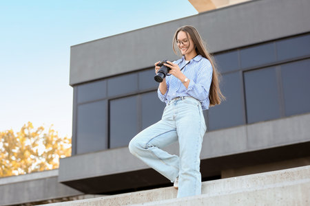 Young happy female photographer with camera taking photoの写真素材