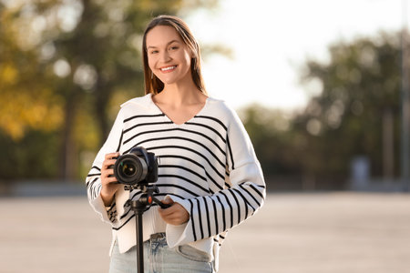 Young happy female photographer with camera and tripod on street