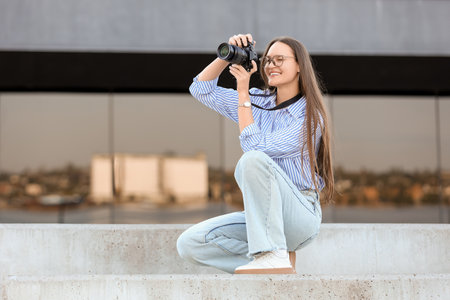 Young happy female photographer with camera sitting on stairs and taking photo in cityの写真素材