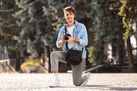 Young happy male photographer with camera and bag sitting in parkの写真素材