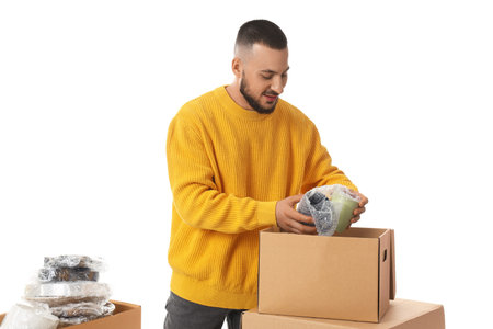 Young man taking wrapped cups from moving box on white background