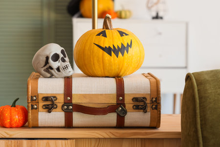 Suitcase with skull and Halloween pumpkins on shelf in living roomの写真素材