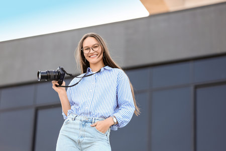 Young happy female photographer with cameraの写真素材