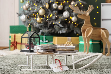 Sled with letters to Santa and Christmas gift in living room