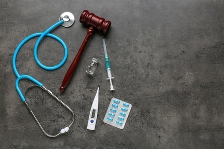 Judge gavel, thermometer, medicine and stethoscope on gray grunge background. Concept of health care reformの写真素材