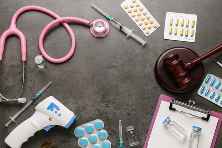 Frame made of judge gavel, different medicine and stethoscope on gray grunge background. Concept of health care reformの写真素材