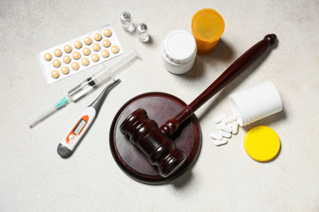 Judge gavel with different pills, thermometer, ampules and syringe on grunge white background. Concept of health care reformの写真素材