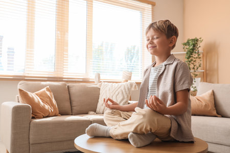 Cute little boy meditating at home.の写真素材