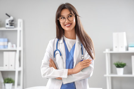 Dreaming female doctor in clinicの写真素材