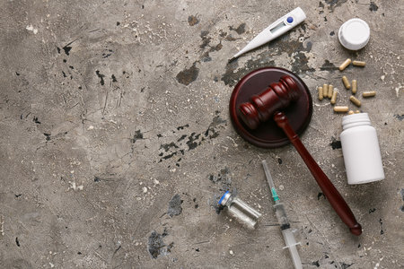 Judge gavel, thermometer, pills and syringe on gray grunge background. Concept of health care reformの写真素材