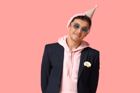 Cool young man in party hat on pink background