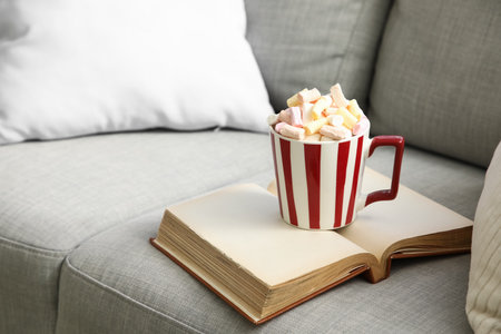 Cup of cocoa with book on sofa in living room, closeup.の写真素材