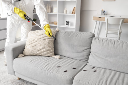 Female pest control specialist disinfecting sofa for cockroaches in roomの写真素材
