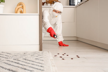 Female pest control specialist carrying out cockroach disinfection in kitchenの写真素材