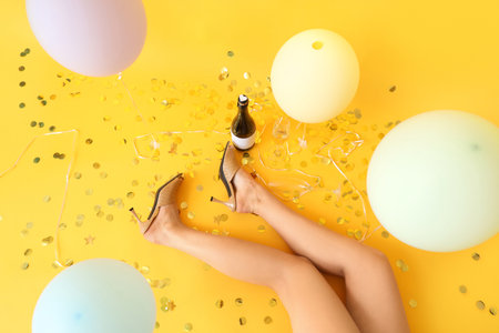 Legs of woman with balloons, champagne and confetti after party on yellow background, top viewの写真素材