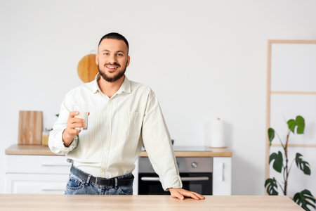 Young man with glass of milk in kitchenの写真素材